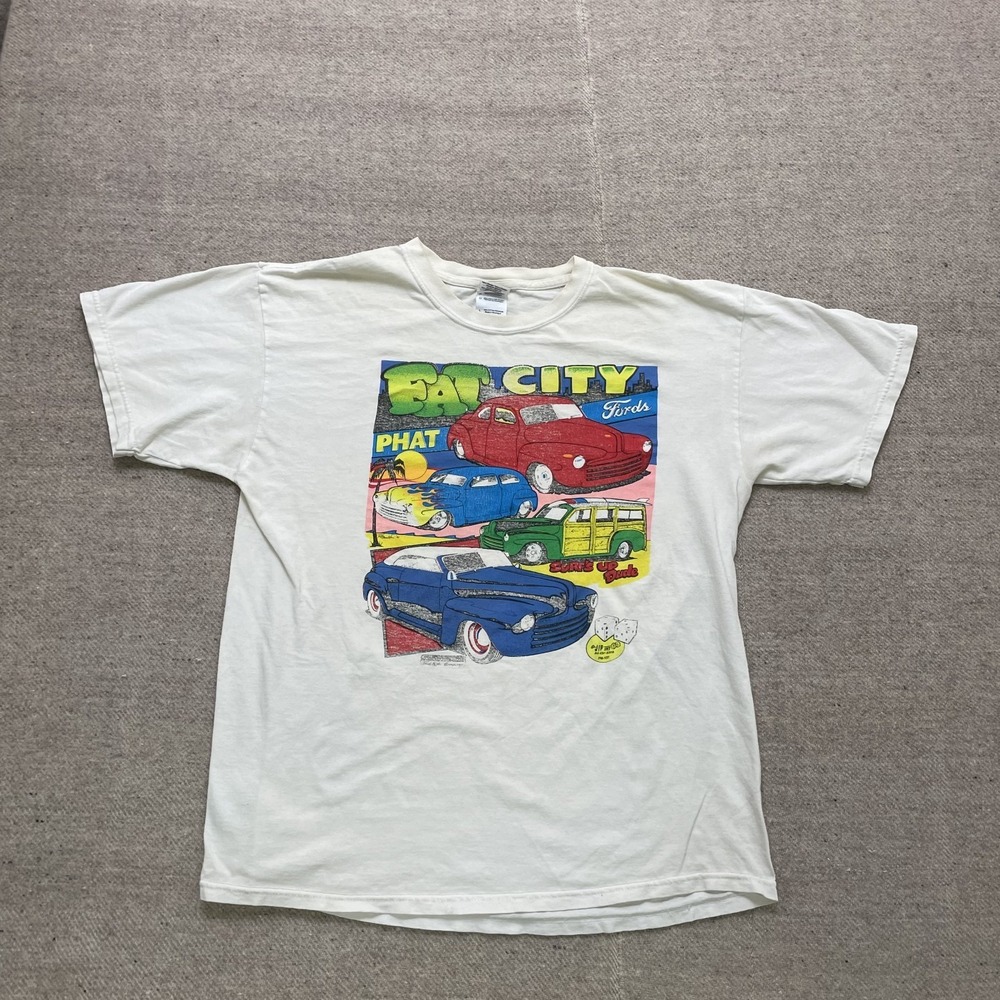 Vintage Fat City Fords Graphic‎ T-Shirt Men Large White 1990s Ford